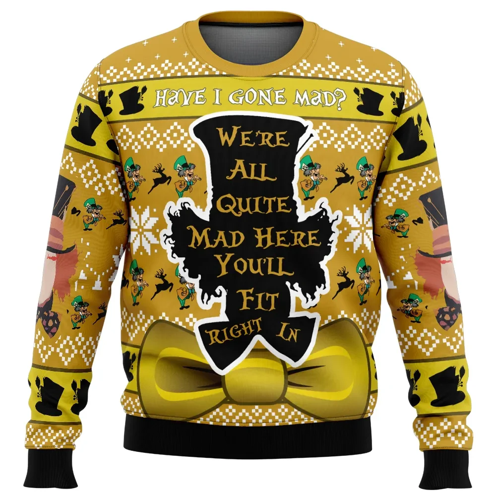 Have I Gone Mad Alice in Wonderland Ugly Christmas Sweater, Mad Hatter We're All Mad Here Holiday Sweater, Unisex Xmas Gift for Fans