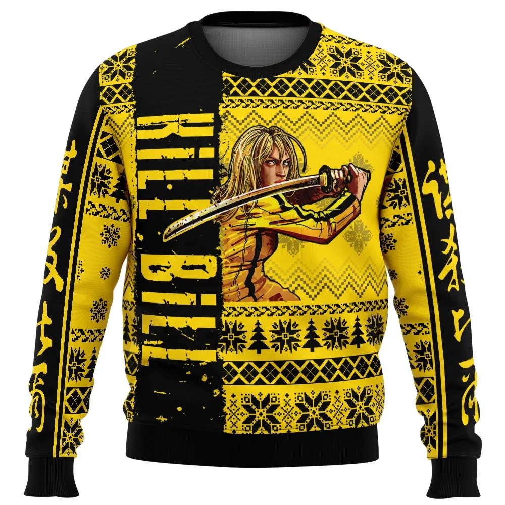 The Bride Kill Bill Ugly Christmas Sweater, Beatrix Kiddo Yellow Jumpsuit Holiday Sweater, Cult Classic Movie Xmas Gift, Unisex Pullover