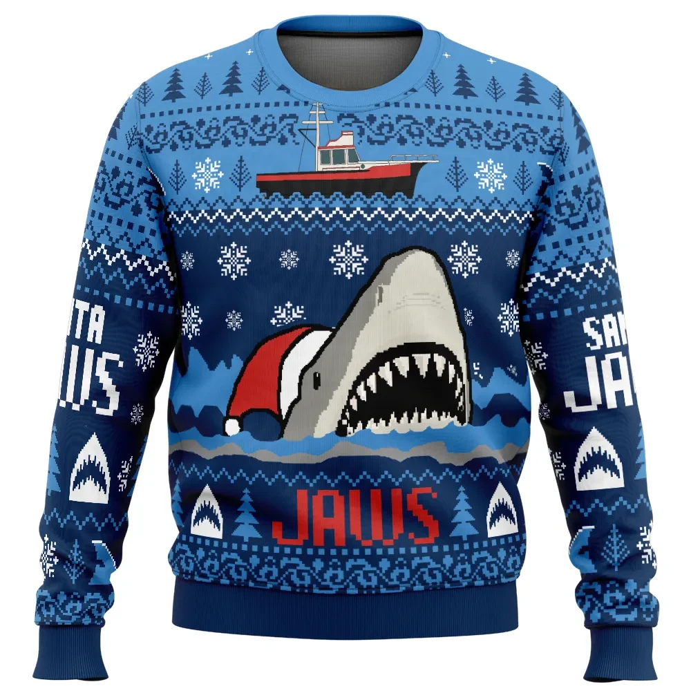 Christmas Shark Santa Jaws Ugly Christmas Sweater, Great White in a Festive Hat Holiday Sweater, Funny Jaws Movie Xmas Gift for Film Buffs