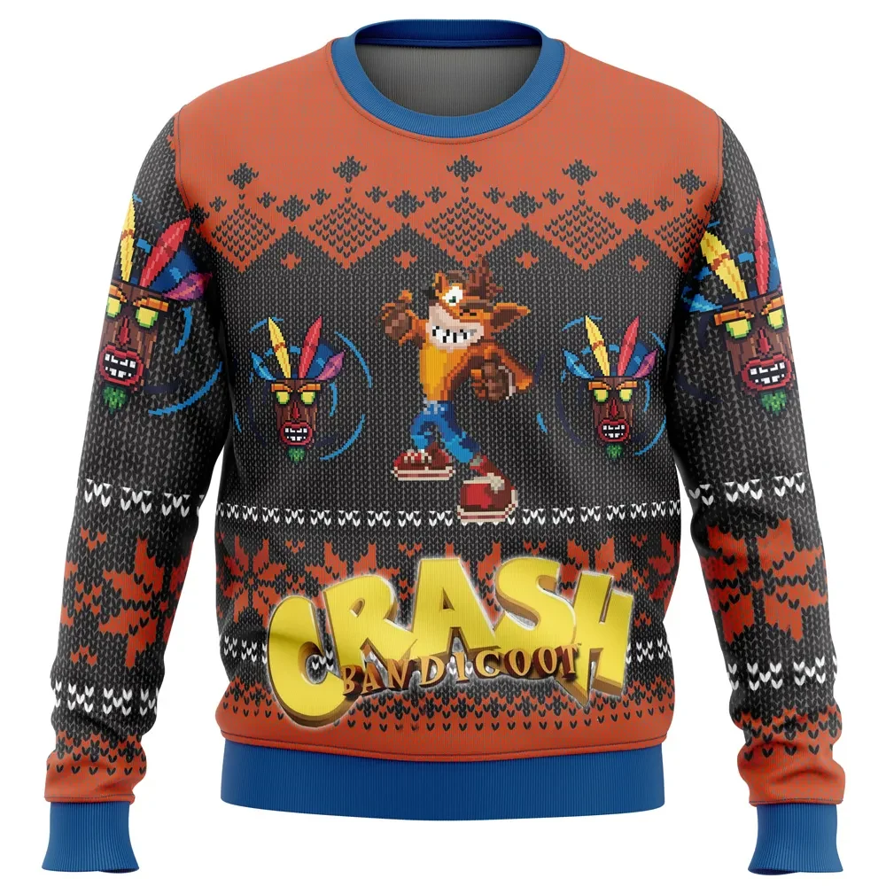 Crash Bandicoot Ugly Christmas Sweater, Retro Gamer Holiday Sweater, Aku Aku Video Game Xmas Gift, Unisex All Over Print Orange Sweatshirt