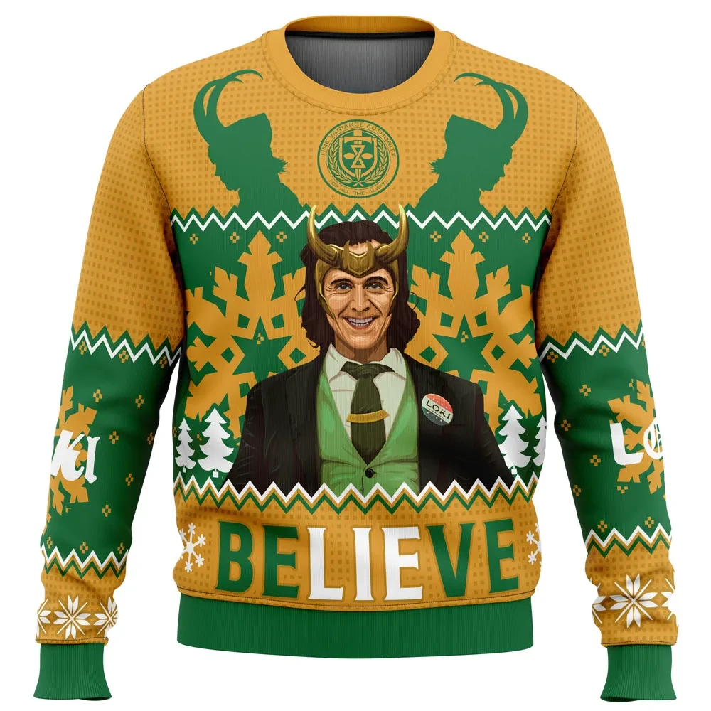 Believe Loki Marvel Ugly Christmas Sweater, Loki TVA Holiday Sweater, Mischievous Marvel Superhero Xmas Gift, Unisex All Over Print Sweatshirt