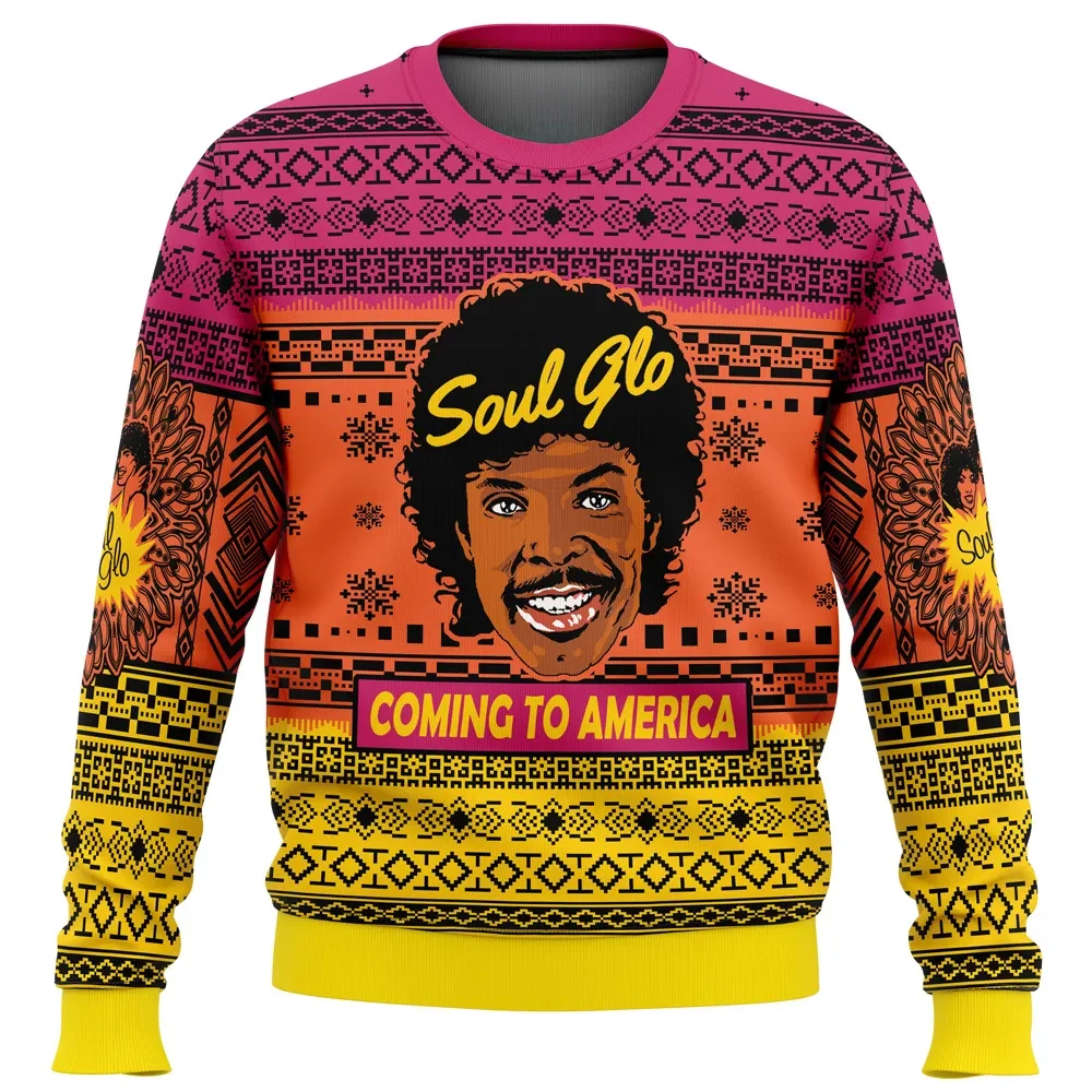 Soul Glo Coming to America Ugly Christmas Sweater, Funny 80s Movie Holiday Sweater, Retro Jheri Curl Commercial Sweatshirt, Movie Xmas Gift