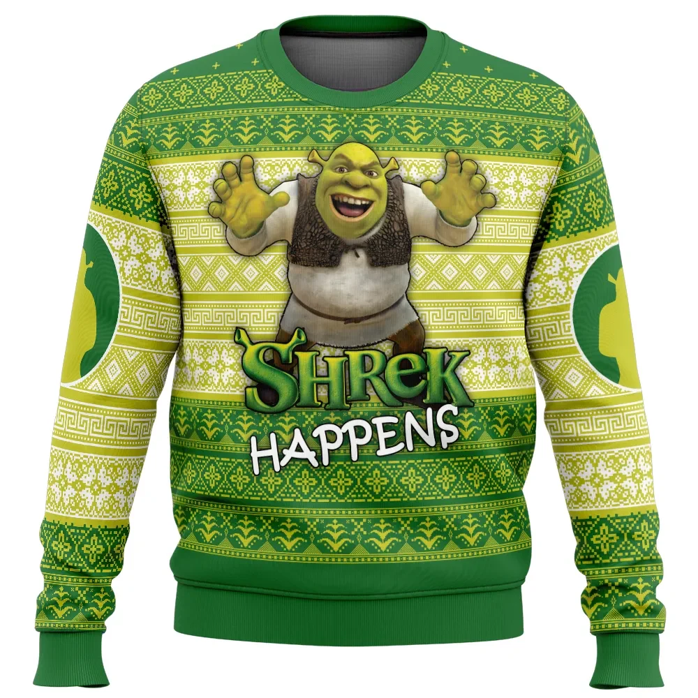 Shrek Happens Ugly Christmas Sweater, Green Ogre Funny Movie Holiday Sweater, Unisex All Over Print Xmas Sweatshirt, Gift for Shrek Fans
