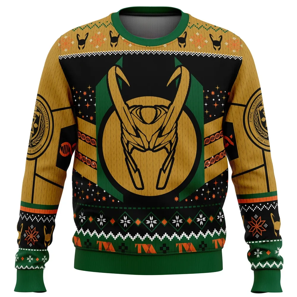 The Christmas Variant Loki Ugly Christmas Sweater, Marvel Loki Horned Helmet and TVA Holiday Sweater, God of Mischief Superhero Xmas Gift