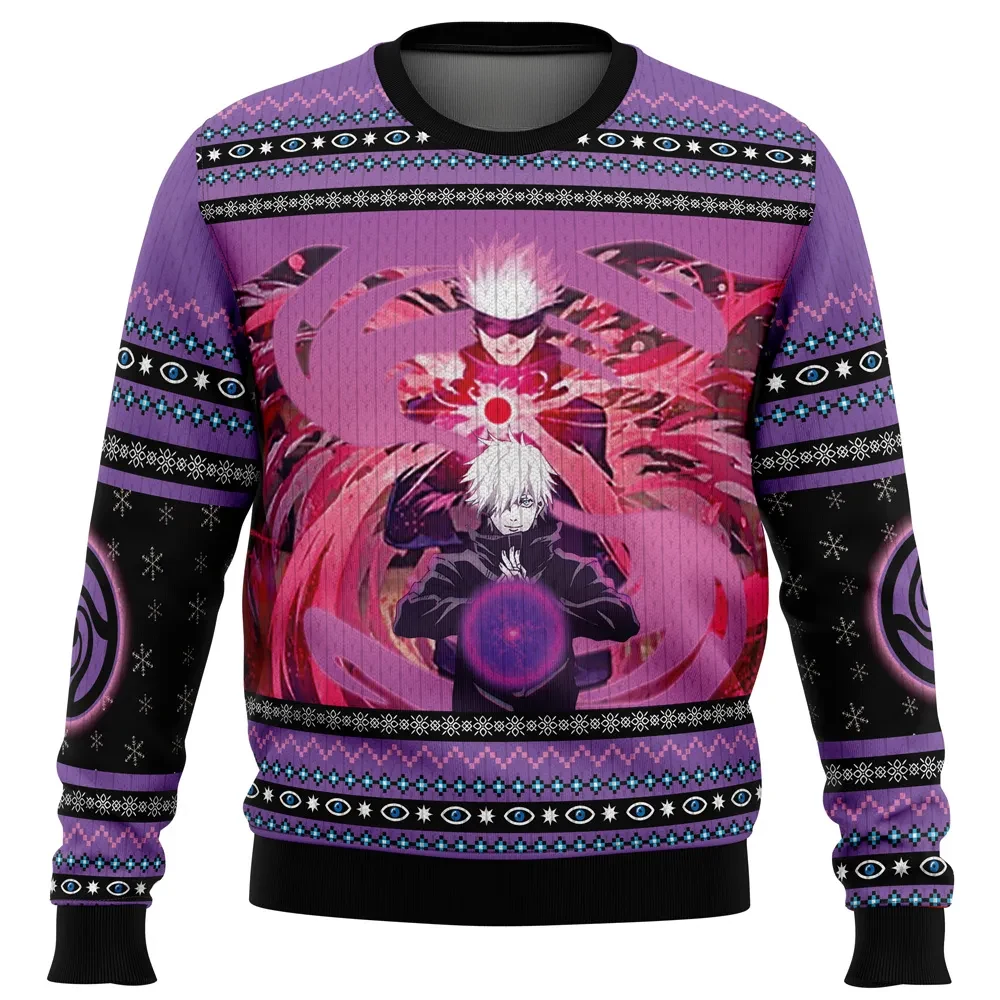Satoru Gojo Jujutsu Kaisen Ugly Christmas Sweater, JJK Gojo Purple Energy Holiday Sweater, Unisex All Over Print Anime Xmas Gift for Fans