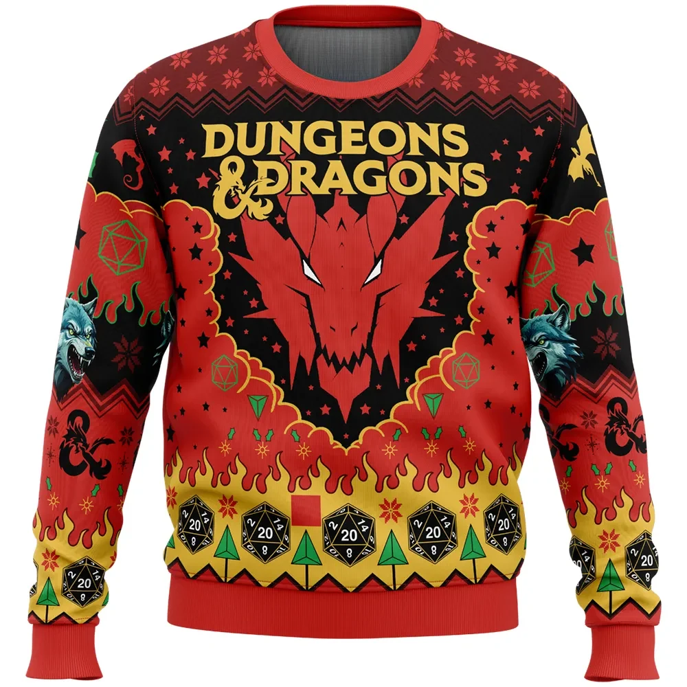 Ruby Dragon Dungeons and Dragons Ugly Christmas Sweater, D&D Red Dragon Holiday Sweater, D20 Dice Tabletop RPG Gamer Xmas Gift