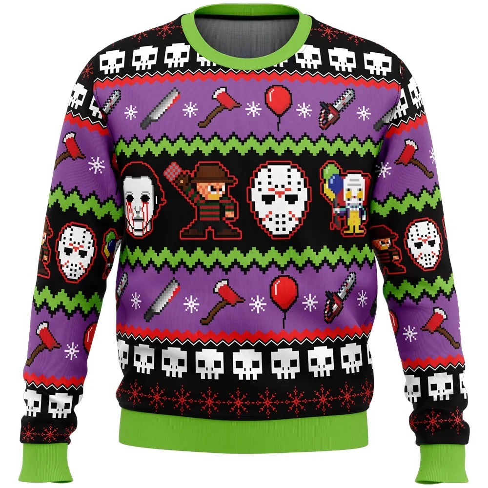 Nightmares on Halloween Ugly Christmas Sweater, Freddy Krueger, Michael Myers, Jason and Pennywise Horror Movie Holiday Sweater, Xmas Gift