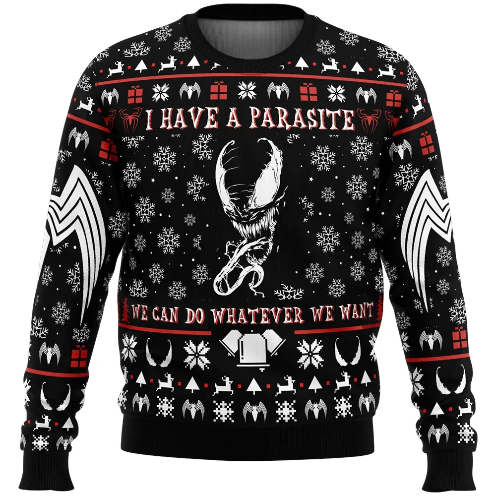 I Have a Parasite We Are Venom Ugly Christmas Sweater, Marvel Venom Symbiote Holiday Sweatshirt, Unisex Superhero Xmas Gift for Comic Fans