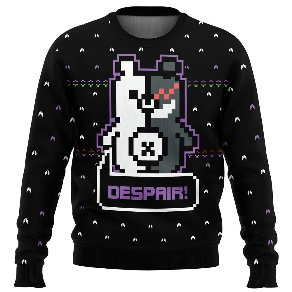 Danganronpa Monokuma Despair Ugly Christmas Sweater, Anime Gamer Pixel Bear Holiday Sweatshirt, Unisex Xmas Gift for Visual Novel Fans