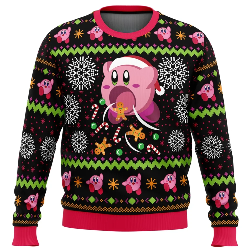 Cute Pink Hungry Kirby's Dream Land Ugly Christmas Sweater, Kirby Holiday Sweater, Santa Hat Kirby Eating Gingerbread, Gamer Xmas Gift