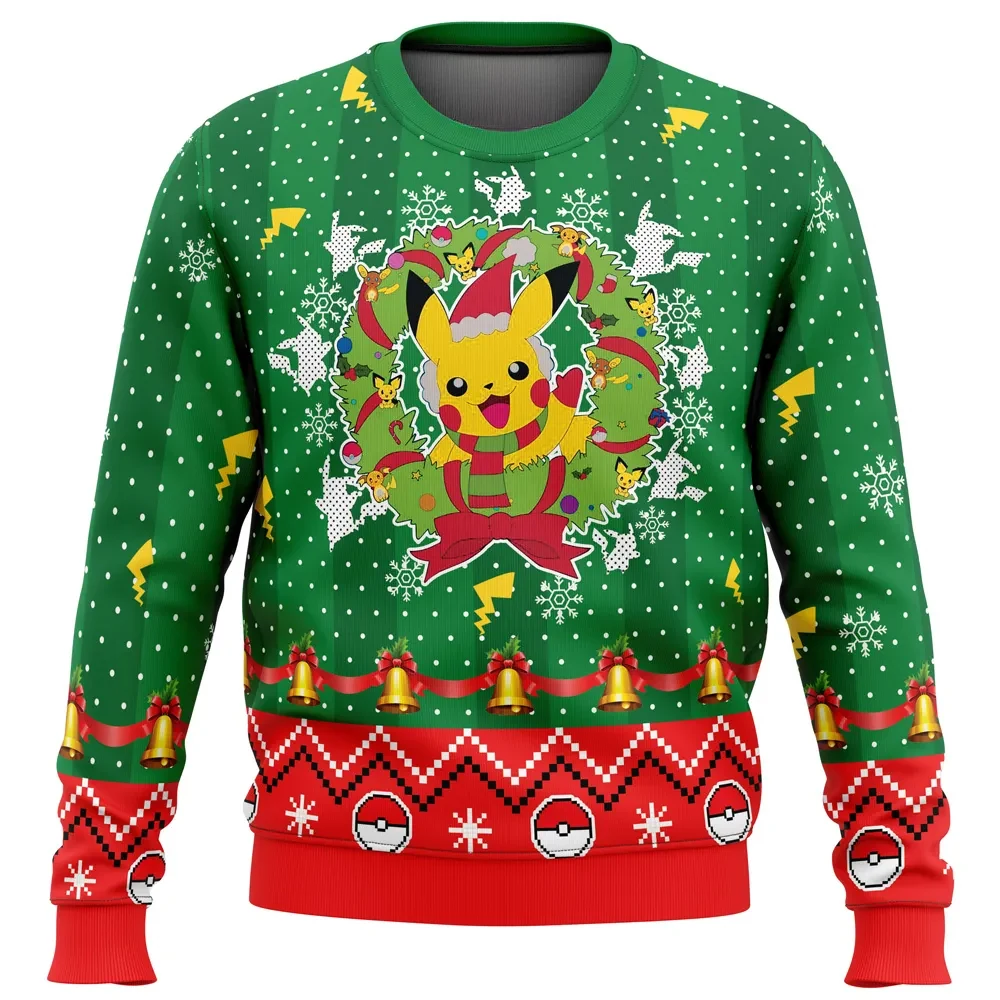 Christmas Pikachu Pokemon Ugly Christmas Sweater, Pokemon Holiday Sweater, Anime Xmas Gift, Santa Hat and Holly Wreath Unisex Pullover