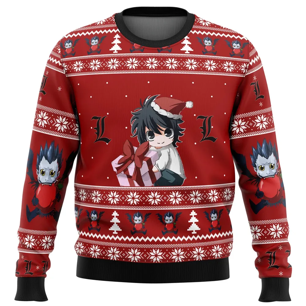 Death Note Chibi L Ugly Christmas Sweater, L Lawliet in a Santa Hat with Ryuk and Apples Holiday Sweater, Anime Xmas Gift for Otaku Fans