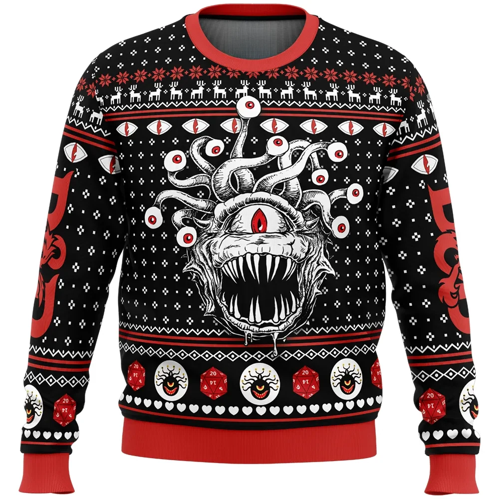 Beholder Dungeons and Dragons Ugly Christmas Sweater, D&D Gamer Holiday Sweater, Many Eyed Monster Tabletop RPG Xmas Gift for Dungeon Masters