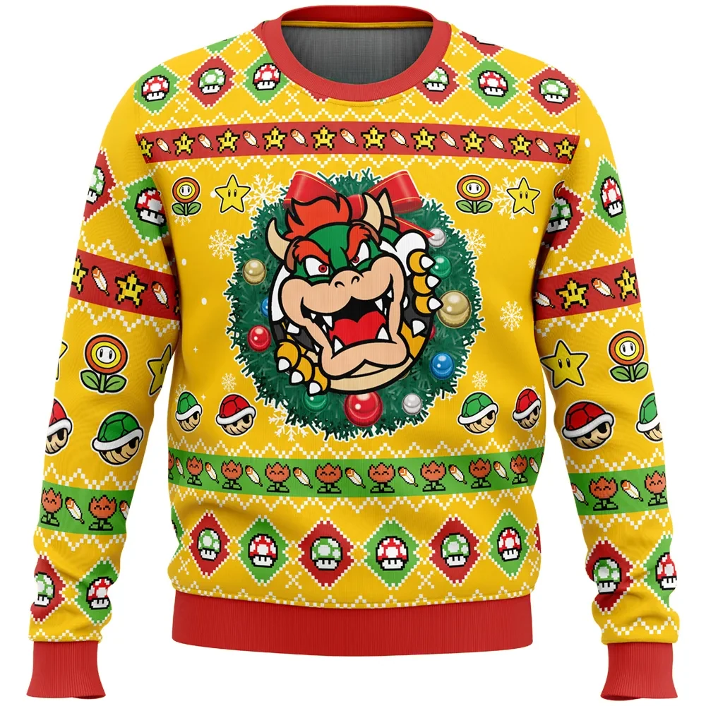 Bowser Mario Bros Ugly Christmas Sweater, Super Mario Christmas Wreath Holiday Sweater, Koopa King Gamer Xmas Gift, Unisex Sweatshirt