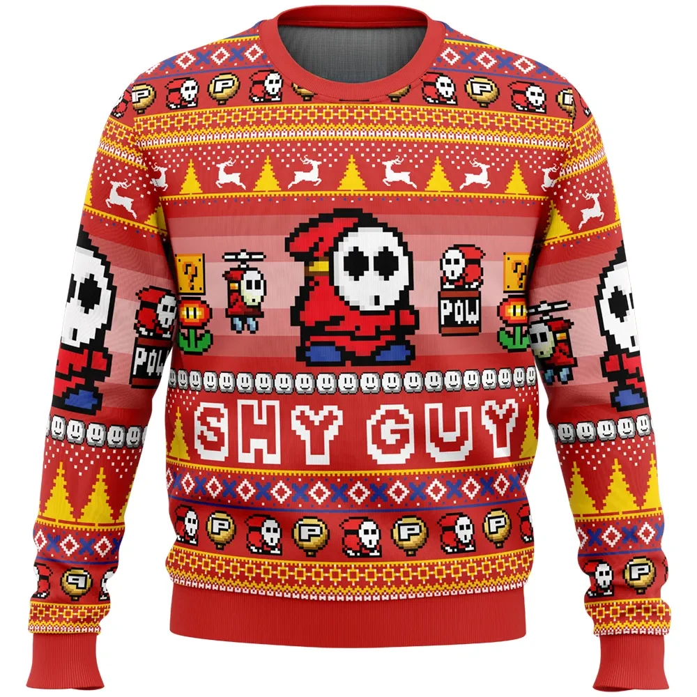 Shy Guy Super Mario Bros Ugly Christmas Sweater, Pixel Mario Holiday Sweater with POW Block and Fly Guy, Retro Gamer Xmas Gift