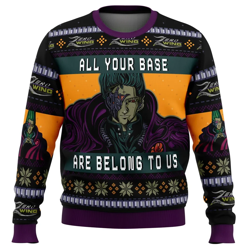 All Your Base Are Belong To Us Zero Wing Ugly Christmas Sweater, Retro Gaming Meme Holiday Sweater, Gamer Xmas Sweater
