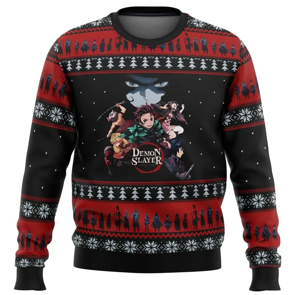Demon Slayer Poster Ugly Christmas Sweater, Tanjiro Nezuko Zenitsu Inosuke Giyu Kimetsu no Yaiba Holiday Sweater, Anime Xmas Gift