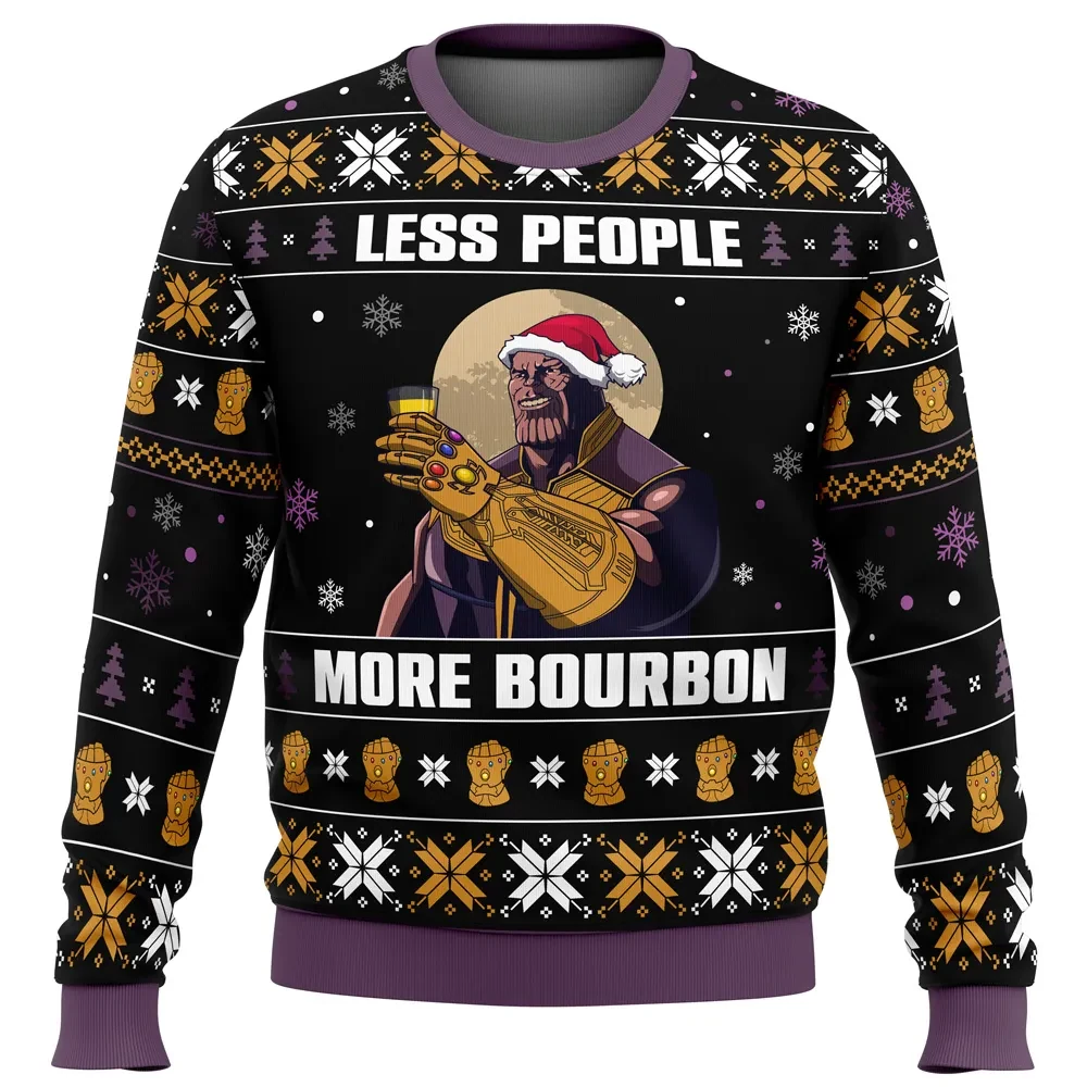 Less People More Bourbon Thanos Marvel Ugly Christmas Sweater, Avengers Infinity Gauntlet Holiday Sweater, Funny Whiskey Xmas Gift for Fans