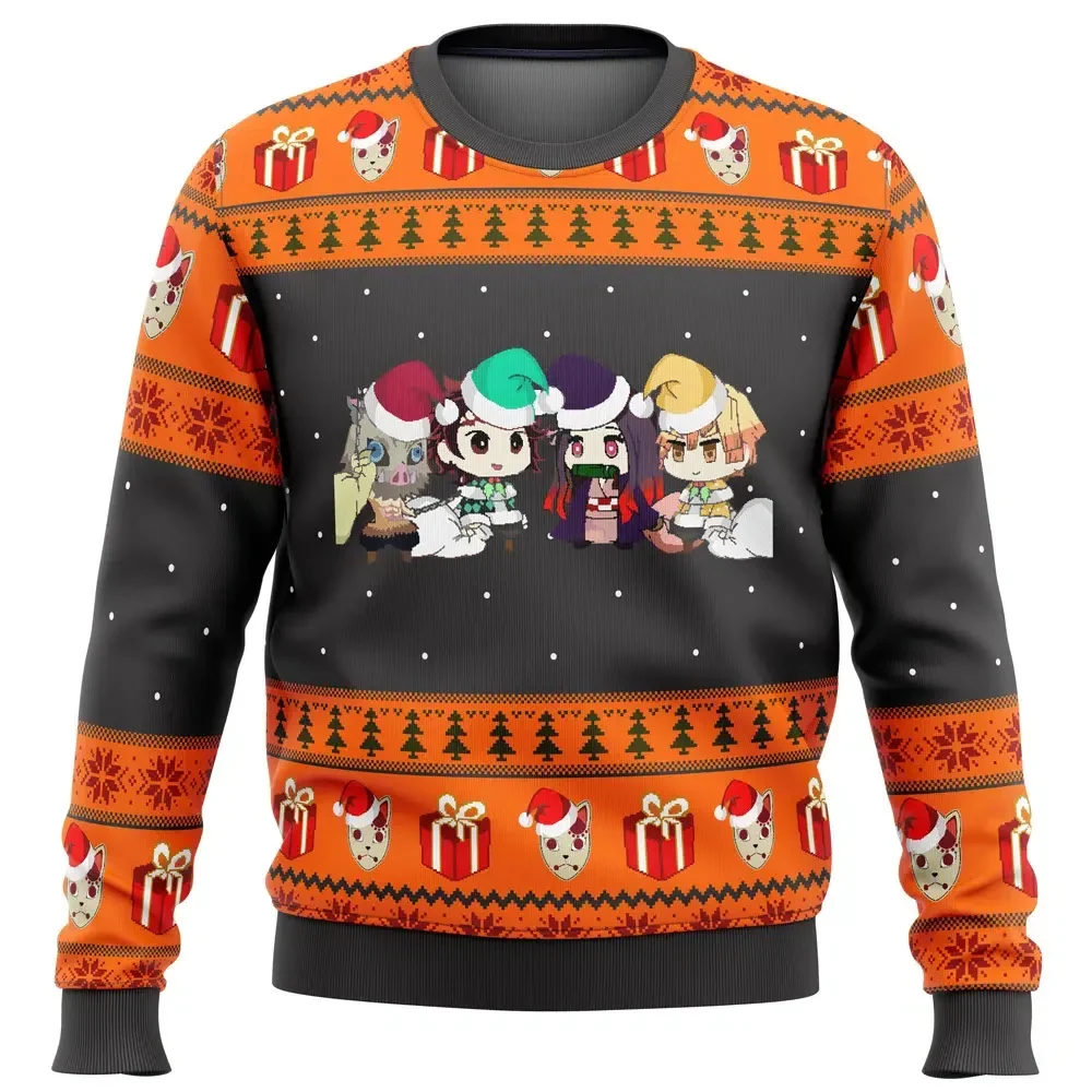 Demon Slayer Chibi Ugly Christmas Sweater, Kimetsu no Yaiba Holiday Sweater, Tanjiro Nezuko Zenitsu Inosuke Anime Xmas Gift, Unisex Sweatshirt