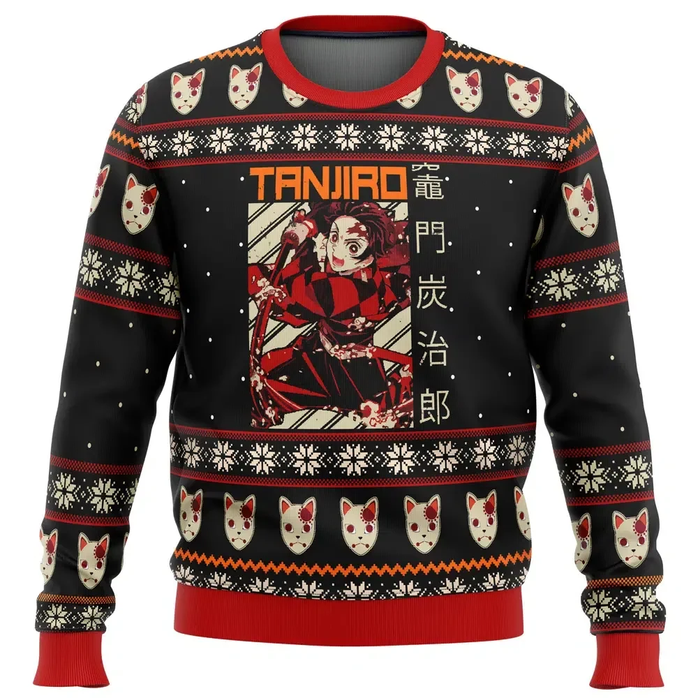 Demon Slayer Tanjiro Ugly Christmas Sweater, Tanjiro Kamado Fox Mask Kimetsu no Yaiba Holiday Sweater, Anime Xmas Gift, Unisex All Over Print Top