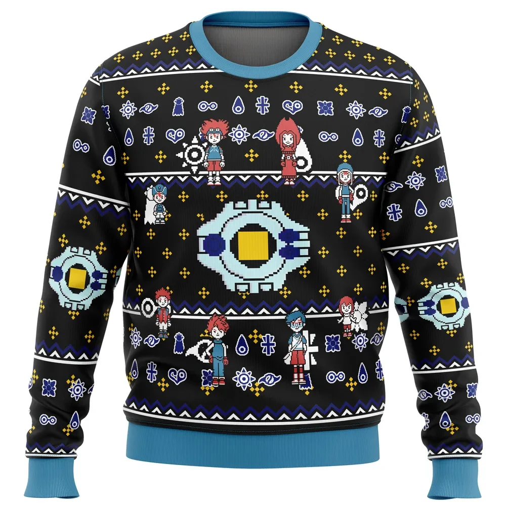 Digimon Characters Ugly Christmas Sweater, Digimon Digivice Digidestined Pixel Holiday Sweatshirt, Unisex Anime Xmas Gift for 90s Kids
