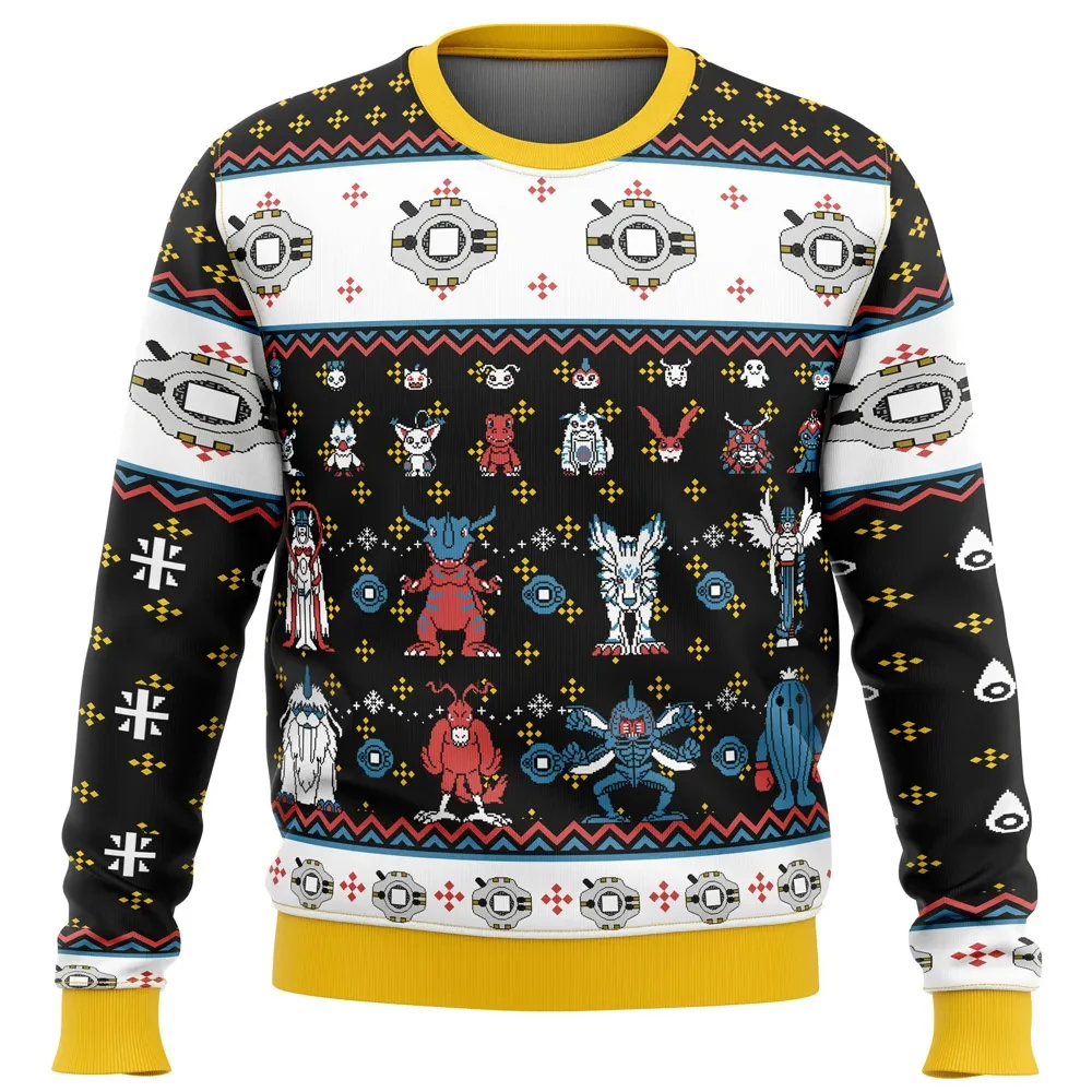 Digimon Sprites Ugly Christmas Sweater, Digimon Adventure Holiday Sweater with Digivice and Crests, Retro Anime Gamer Xmas Gift, Unisex