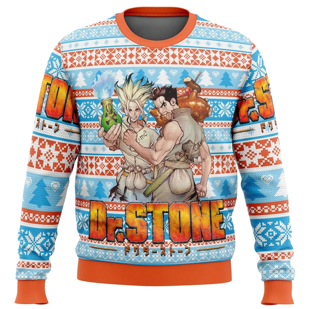 Dr. Stone Ugly Christmas Sweater, Senku and Chrome Holiday Sweater, Kingdom of Science Sky Blue and Orange Unisex Sweatshirt, Anime Xmas Gift