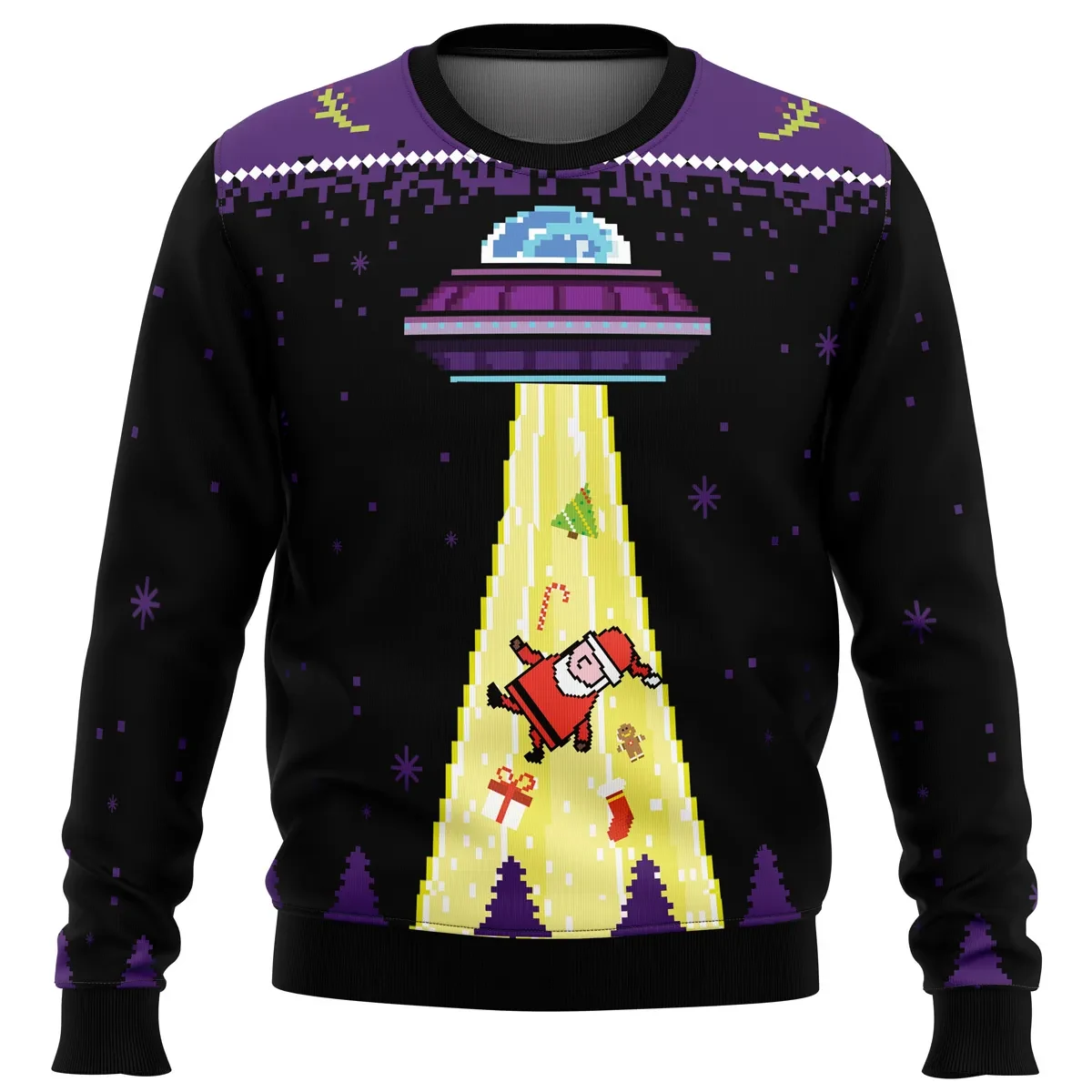 Goodbye Santa UFO Abduction Ugly Christmas Sweater, Funny Alien Holiday Sweater, Flying Saucer Pixel Art Sci-Fi Xmas Gift