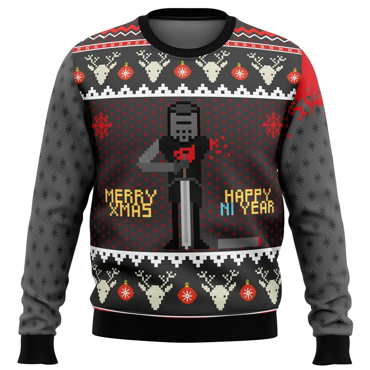 Merry Xmas and Happy Ni Year Monty Python Ugly Christmas Sweater, Holy Grail Black Knight Holiday Sweater, Movie Xmas Sweater