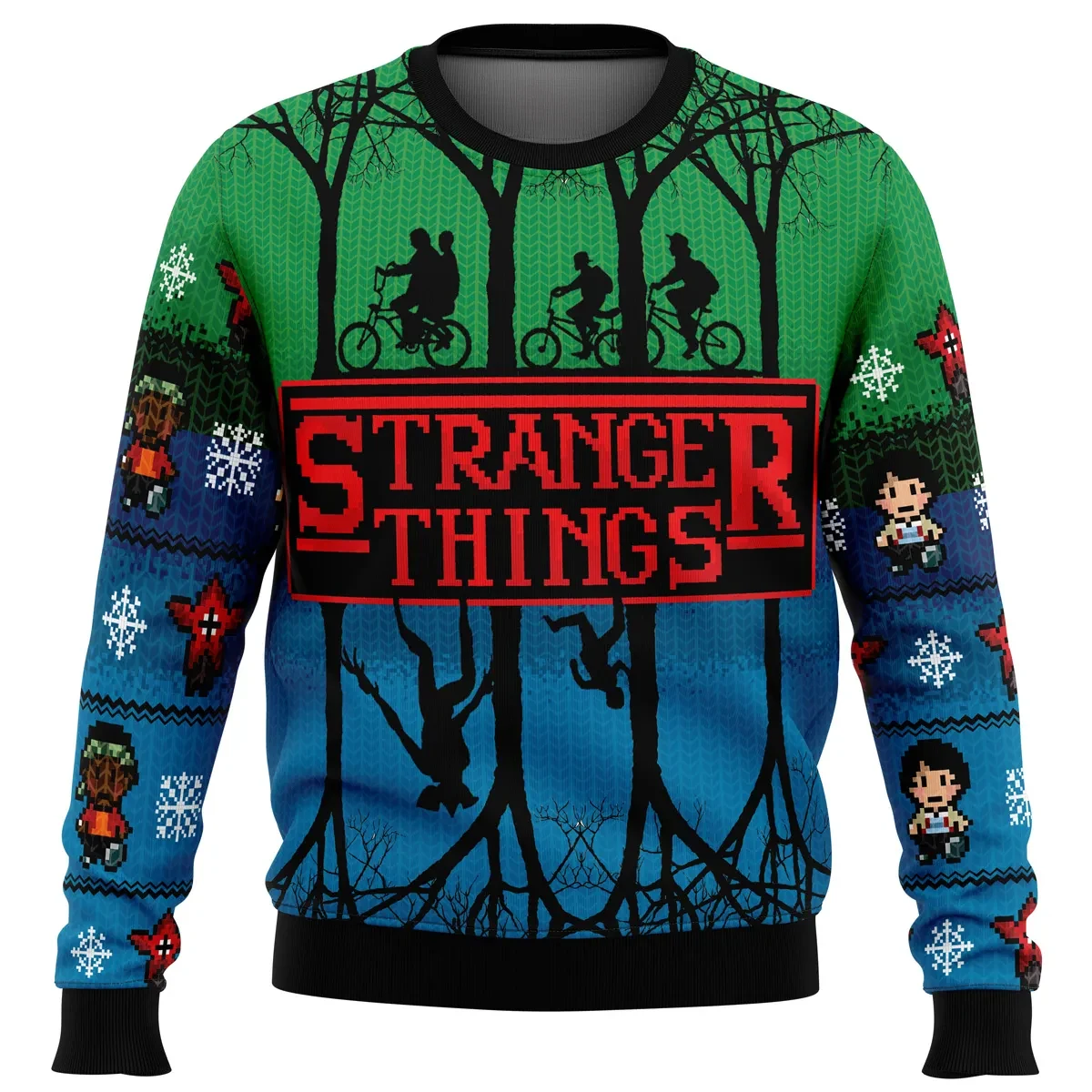 Stranger Things Upside Down Ugly Christmas Sweater, Demogorgon and Bike Ride Holiday Sweater, Netflix TV Show Xmas Gift for Hawkins Fans