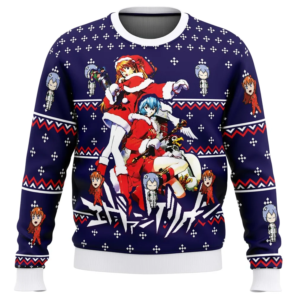 Evangelion Asuka and Rei Ugly Christmas Sweater, Neon Genesis Evangelion Anime Holiday Sweater, Unisex All Over Print Xmas Gift for Eva Fans