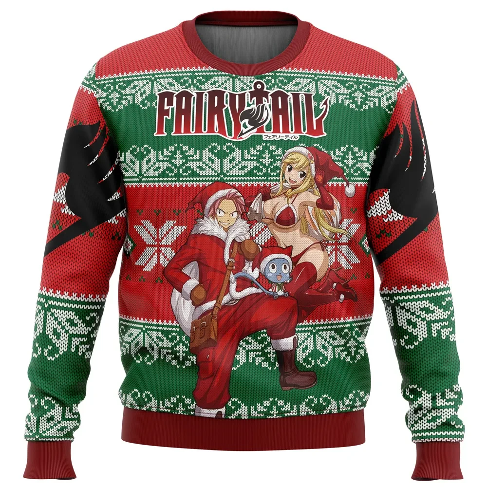 Fairy Tail Ugly Christmas Sweater, Natsu Lucy and Happy Santa Outfit Anime Holiday Sweatshirt, Unisex All Over Print Xmas Gift for Fans