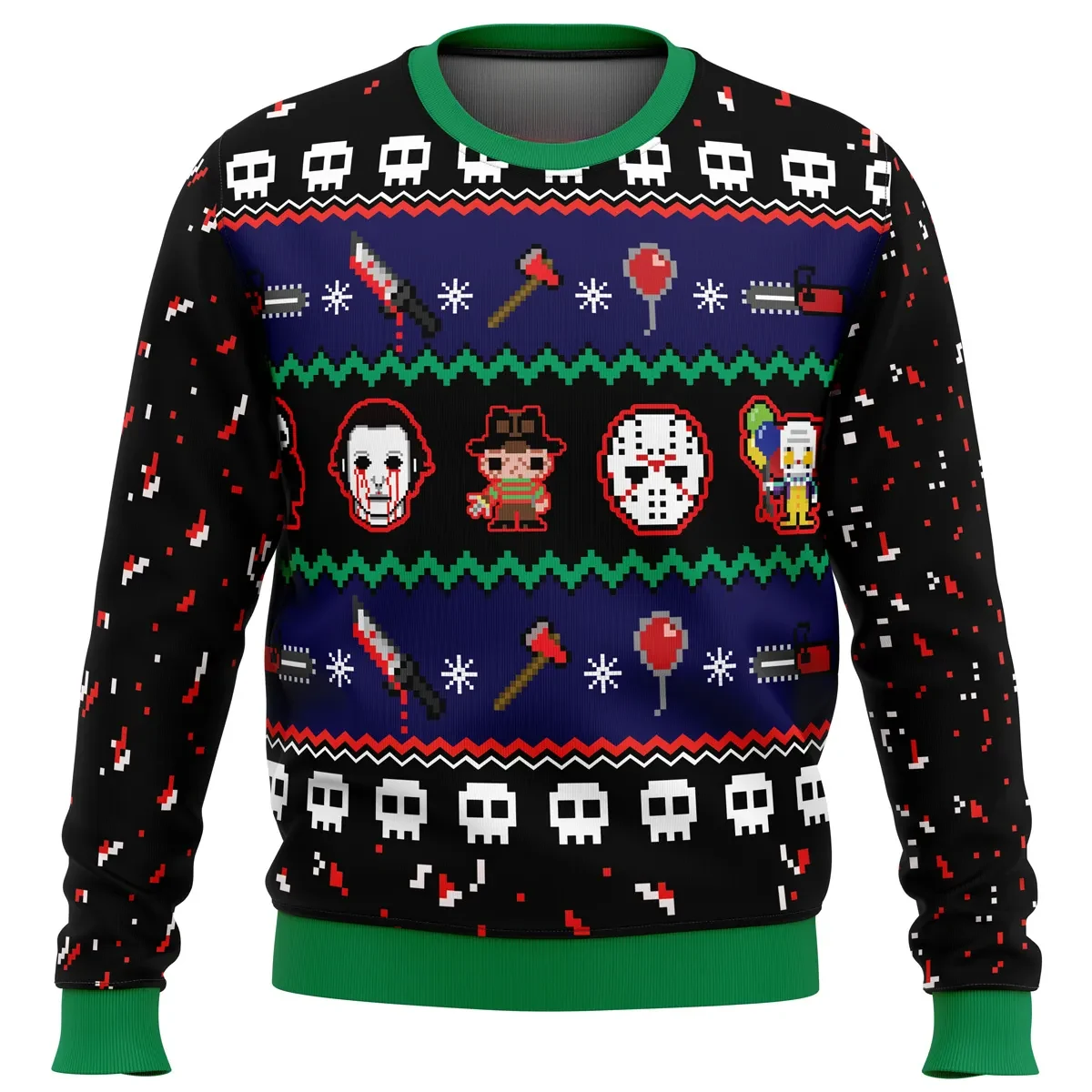 Happy Horrordays Ugly Christmas Sweater, Freddy Jason Michael Myers Holiday Sweater, Pennywise Pixel Art Horror Movie Xmas Gift