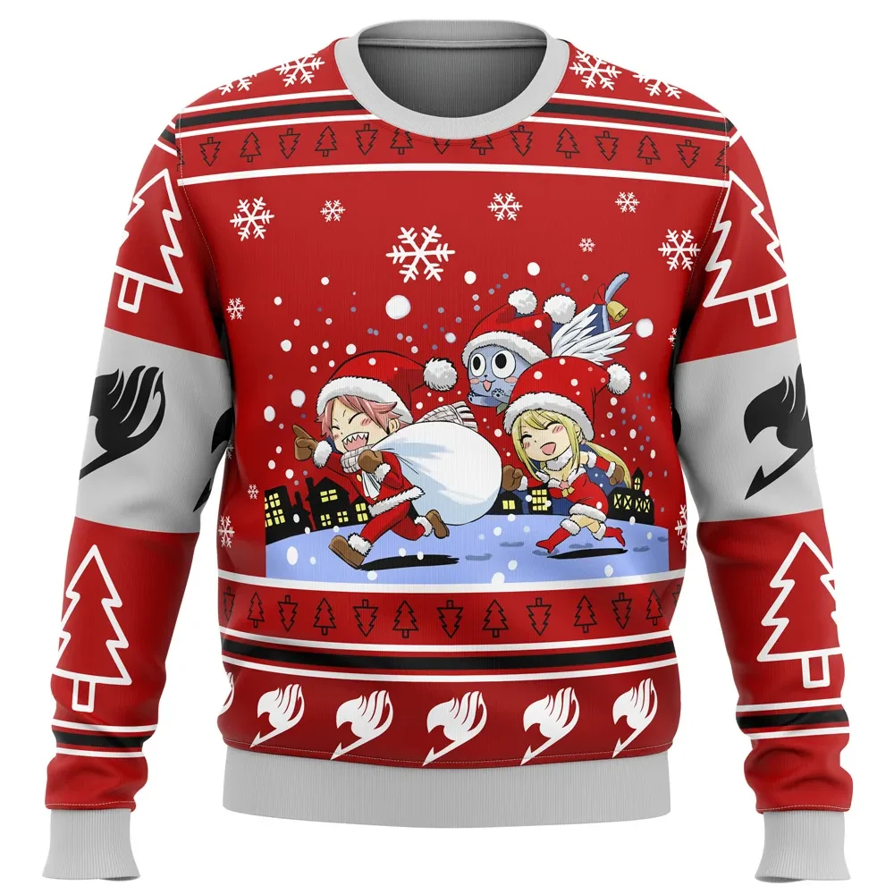 Fairy Tail Chibi Xmas Ugly Christmas Sweater, Natsu Lucy Happy Santa Holiday Sweater, Unisex All Over Print Sweatshirt, Anime Gift for Guild Fans