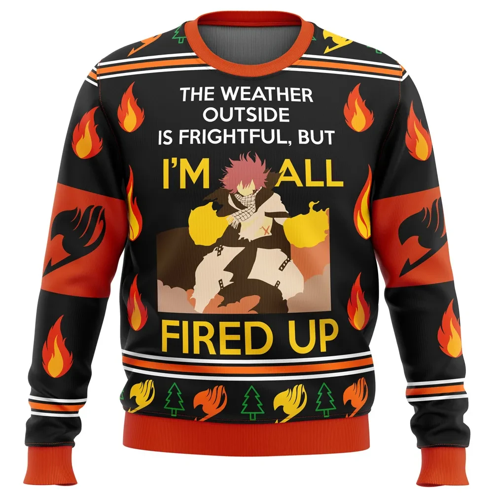Fairy Tail Natsu Fired Up Ugly Christmas Sweater, Natsu Dragneel Anime Holiday Sweater, Weather Outside Is Frightful Xmas Gift for Fans