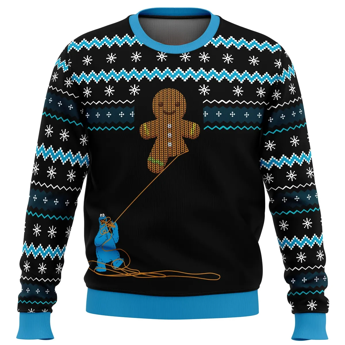 Gingerbread Cookie Monster Ugly Christmas Sweater, Sesame Street Holiday Sweater, Black and Blue Kite Flying Unisex Sweatshirt, Funny Xmas Gift