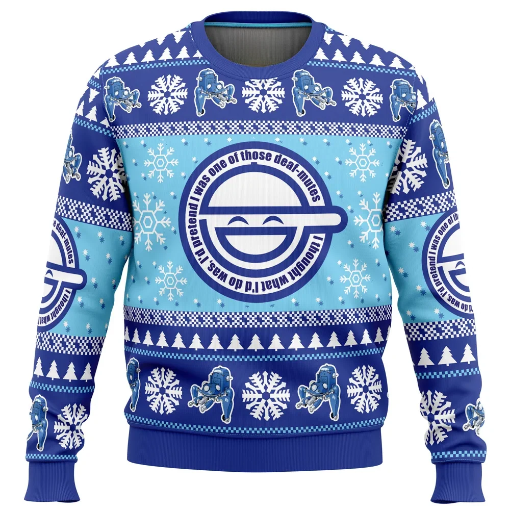 Tachikoma Robots Ghost In The Shell Ugly Christmas Sweater, Laughing Man Logo Holiday Sweatshirt, Cyberpunk Anime Xmas Gift for Fans