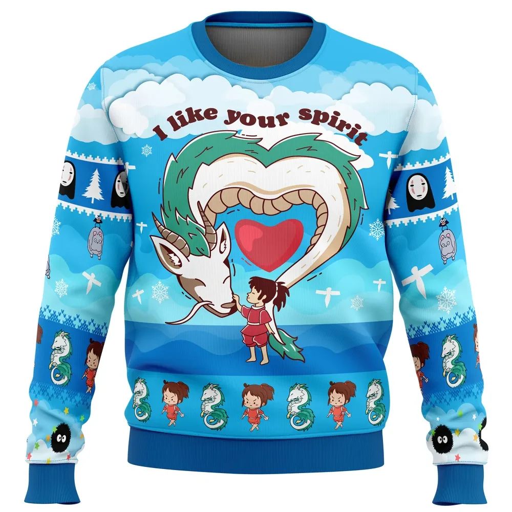 I Like Your Spirit Spirited Away Ugly Christmas Sweater, Haku Dragon and Chihiro Studio Ghibli Holiday Sweatshirt, Anime Xmas Gift for Fans