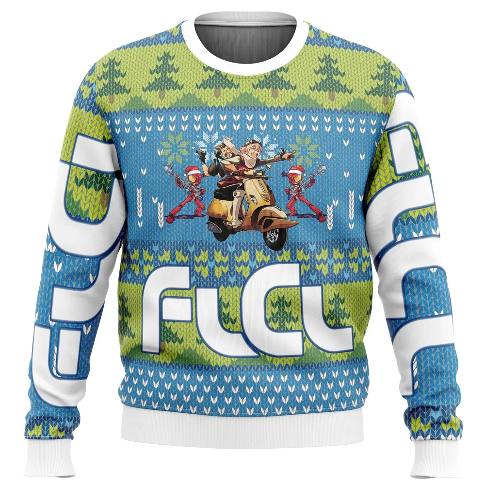 FLCL Fooly Cooly Alt Ugly Christmas Sweater, Anime Holiday Sweater, Haruko and Naota Scooter Ride Unisex Sweatshirt, Anime Xmas Gift for Otaku