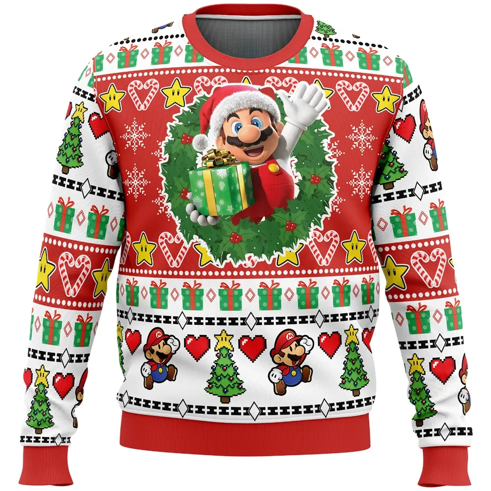 Christmas Mario Super Mario Bros Ugly Christmas Sweater, Santa Hat Nintendo Holiday Sweater with Wreath, Retro Gamer Xmas Gift for Fans