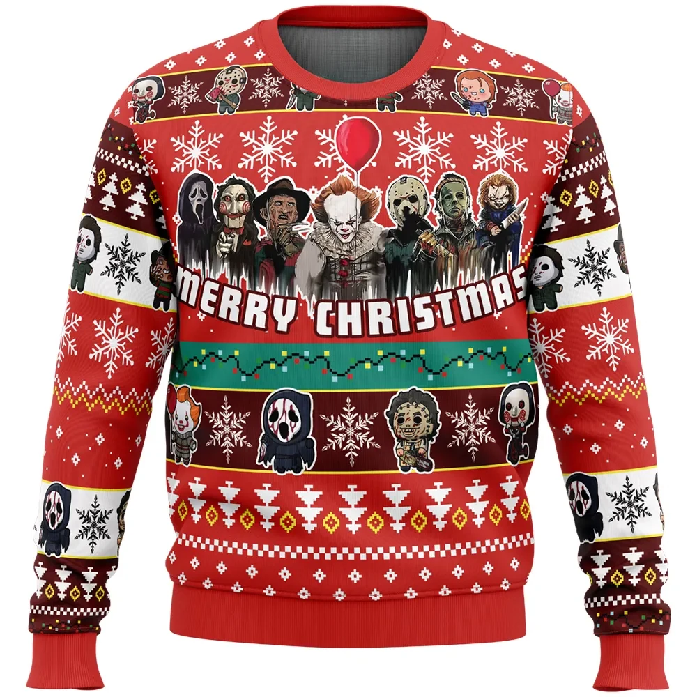 Merry Christmas Nightmares of Halloween Ugly Christmas Sweater, Horror Movie Icons Holiday Sweater, Pennywise Freddy Chucky Sweatshirt, Xmas Gift