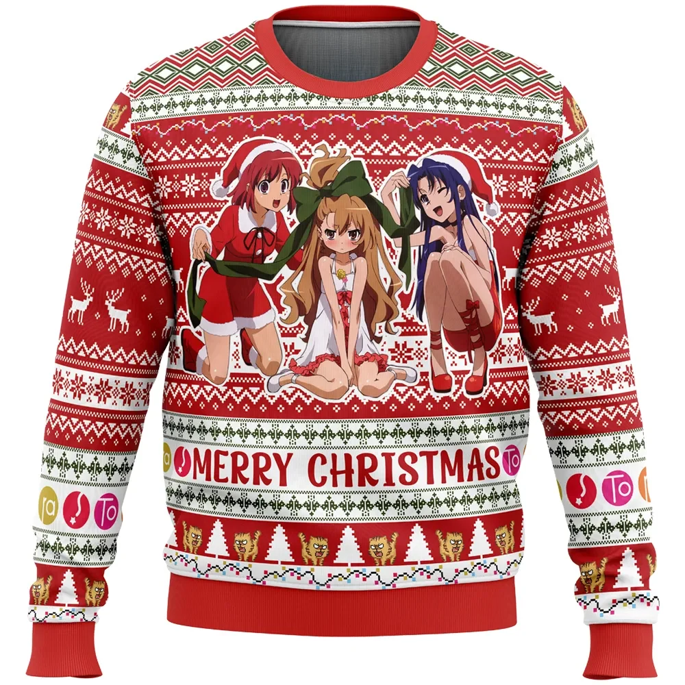 Merry Christmas Toradora! Ugly Christmas Sweater, Taiga Aisaka Minori and Ami Santa Girls Anime Holiday Sweater, Unisex Anime Xmas Gift