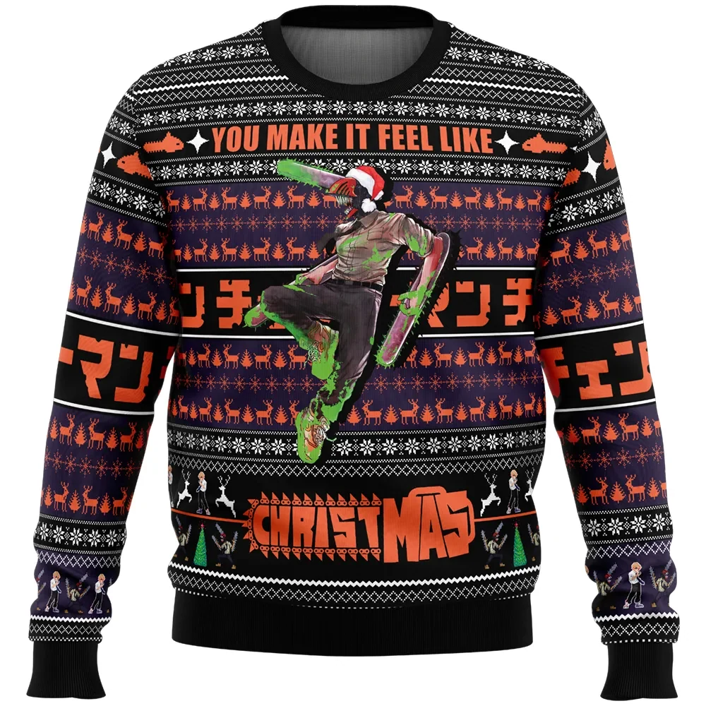 You Make It Feel Like Christmas Chainsaw Man Ugly Christmas Sweater, Santa Hat Denji Anime Holiday Sweater, Unisex Xmas Gift for Fans