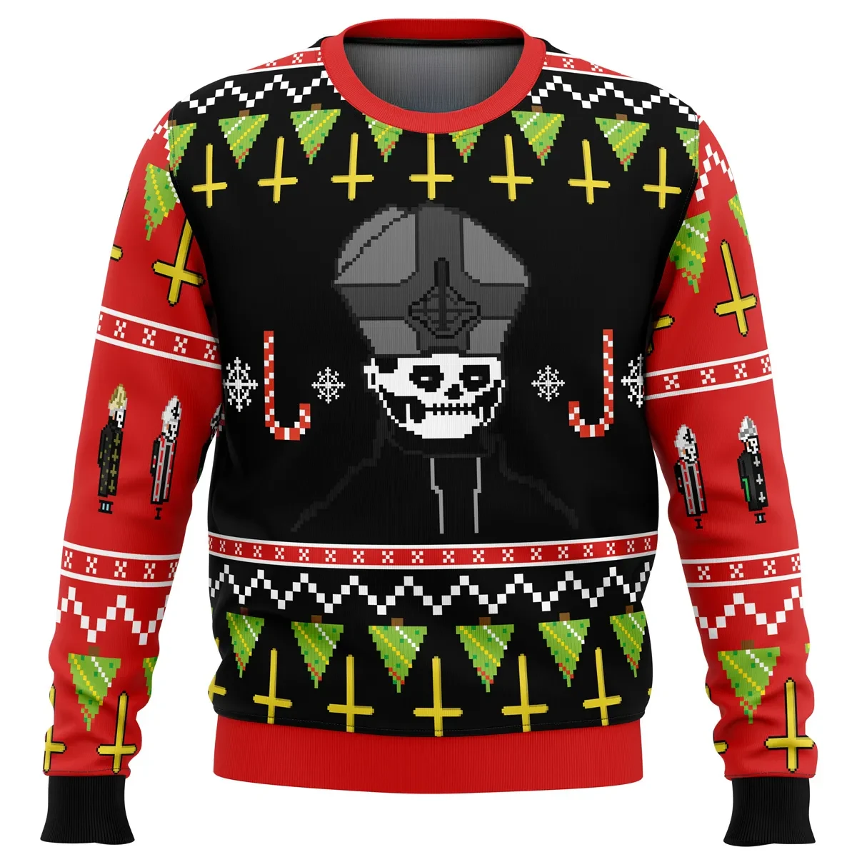 Papa Emeritus Ugly Christmas Sweater, Ghost Band Holiday Sweater, Pixel Art Skull Mitre and Candy Canes Unisex Sweatshirt, Metal Music Xmas Gift
