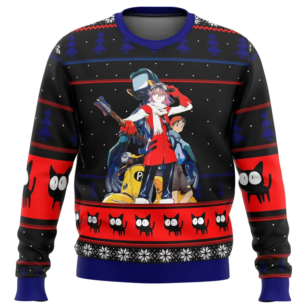 FLCL Poster Ugly Christmas Sweater, Fooly Cooly Haruko Holiday Sweater with Naota and Vespa, Unisex Anime Xmas Gift for Retro Fans