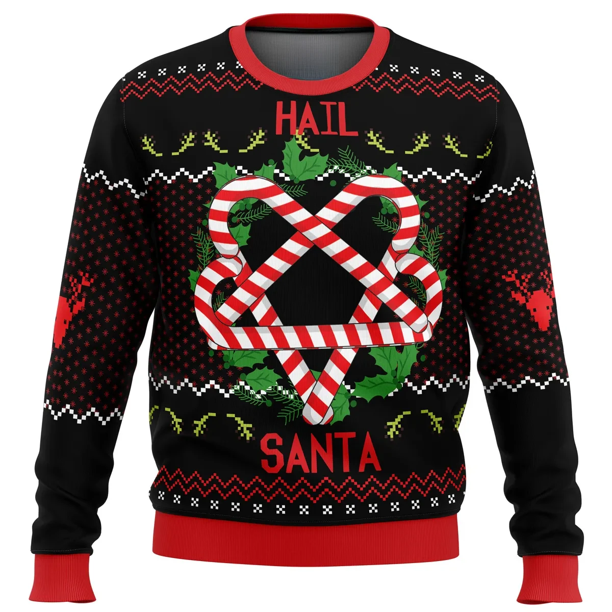 Hail Santa Ugly Christmas Sweater, Funny Candy Cane Pentagram Holly Wreath Holiday Sweater, Heavy Metal Xmas Gift for Rock and Goth Fans