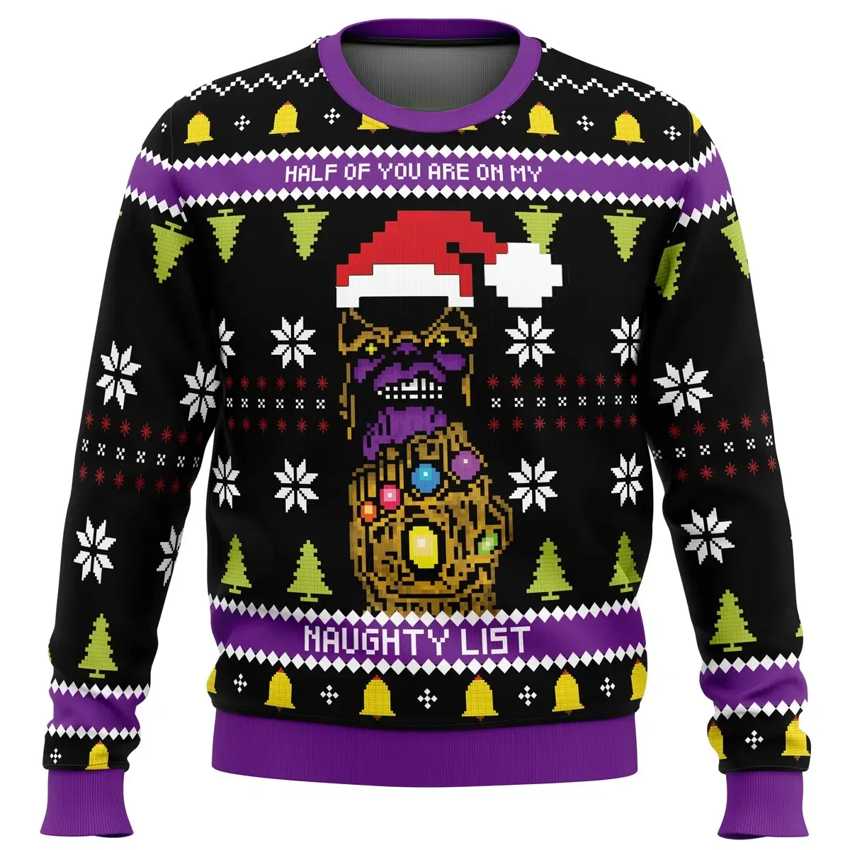 Half of You Are on My Naughty List Thanos Ugly Christmas Sweater, Avengers Infinity Gauntlet Holiday Sweater, Marvel Villain Xmas Gift