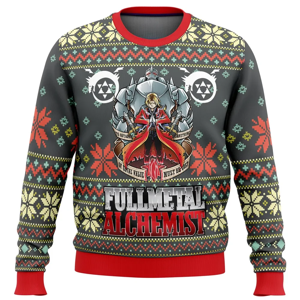 Fullmetal Alchemist Alt Ugly Christmas Sweater, Edward Elric Alphonse Holiday Sweater, Flamel Symbol Anime Xmas Gift, Unisex Sweatshirt