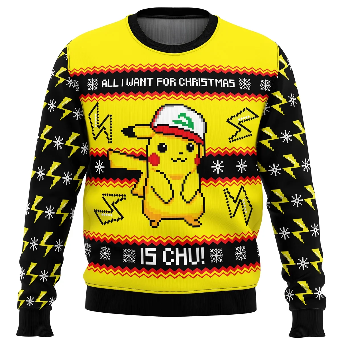 All I Want For Christmas Is Chu Pikachu Ugly Christmas Sweater, Pokemon Holiday Sweater, Pixel Pikachu in Ash Cap Anime Xmas Gift