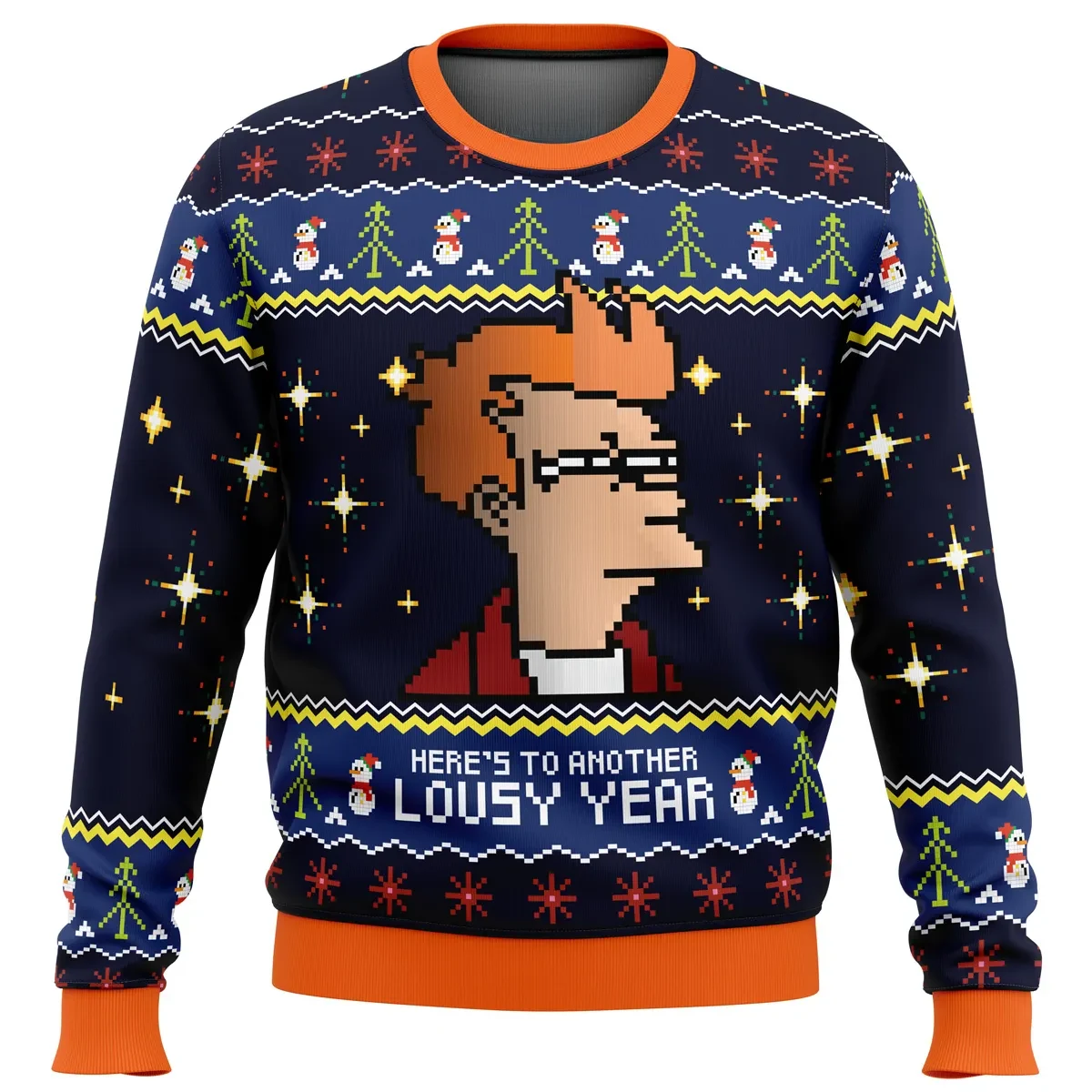 Here's to Another Lousy Year Futurama Ugly Christmas Sweater, Squinting Fry Meme Holiday Sweater, Cartoon Xmas Gift, Unisex Pixel Art Pullover